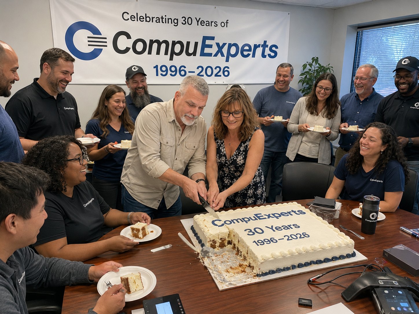 Illustrative CompuExperts anniversary celebration marking the 1996 to 2026 milestone