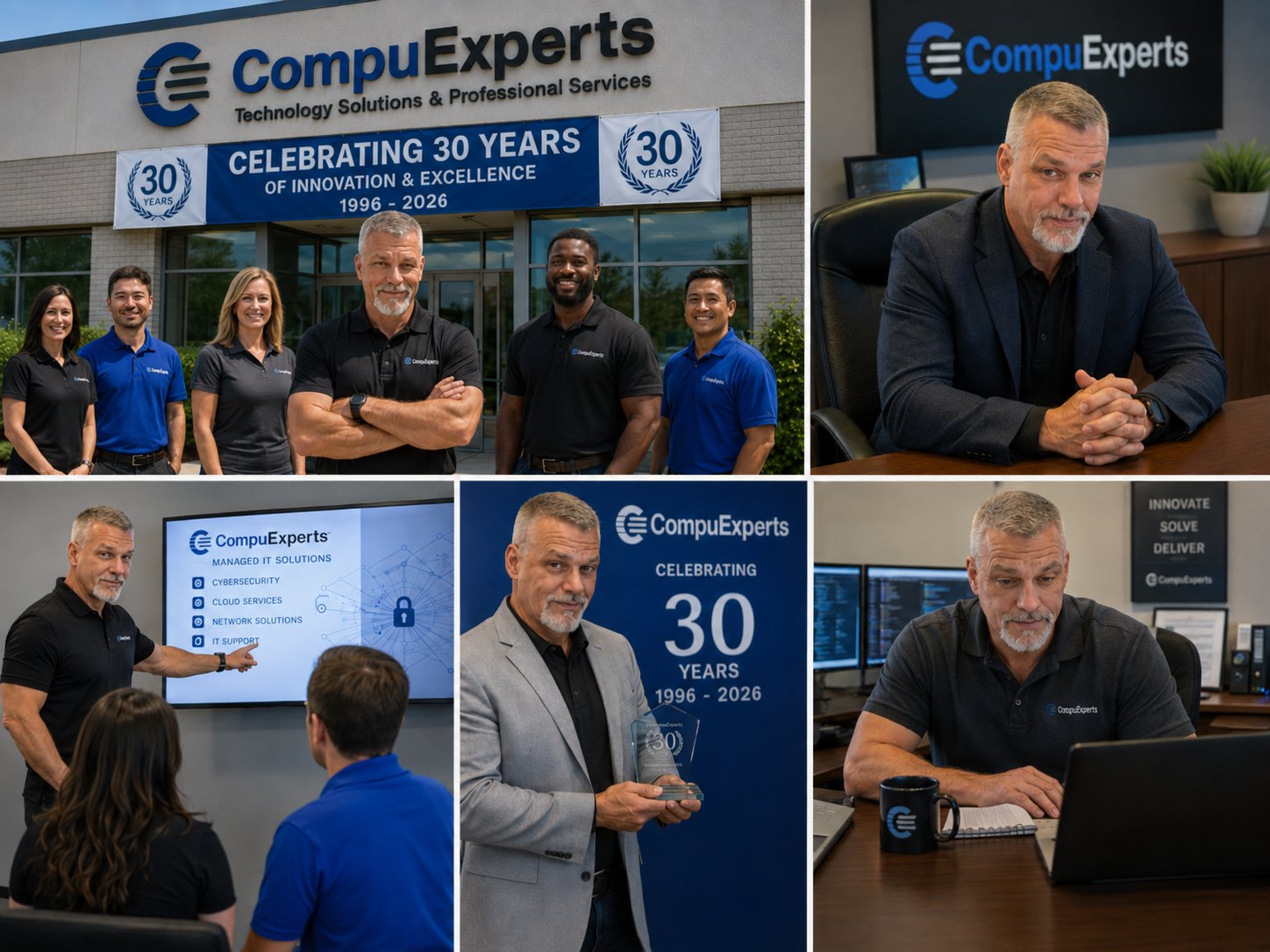 Illustrative collage of CompuExperts leadership, services and company milestones