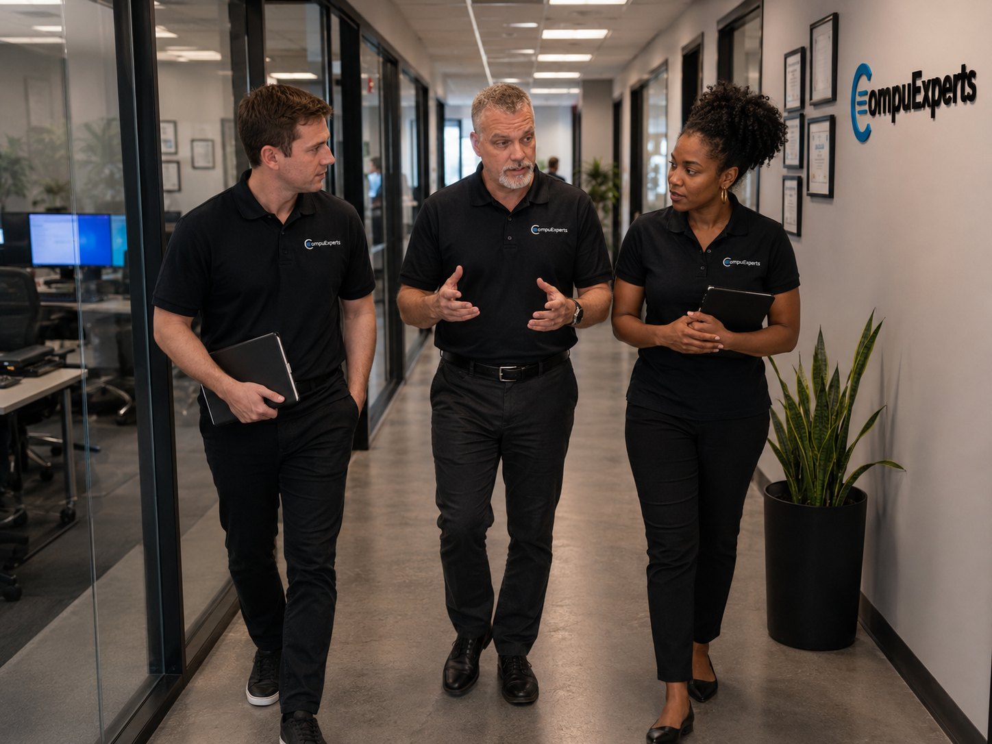 Illustrative branded leadership scene showing technology professionals discussing operations