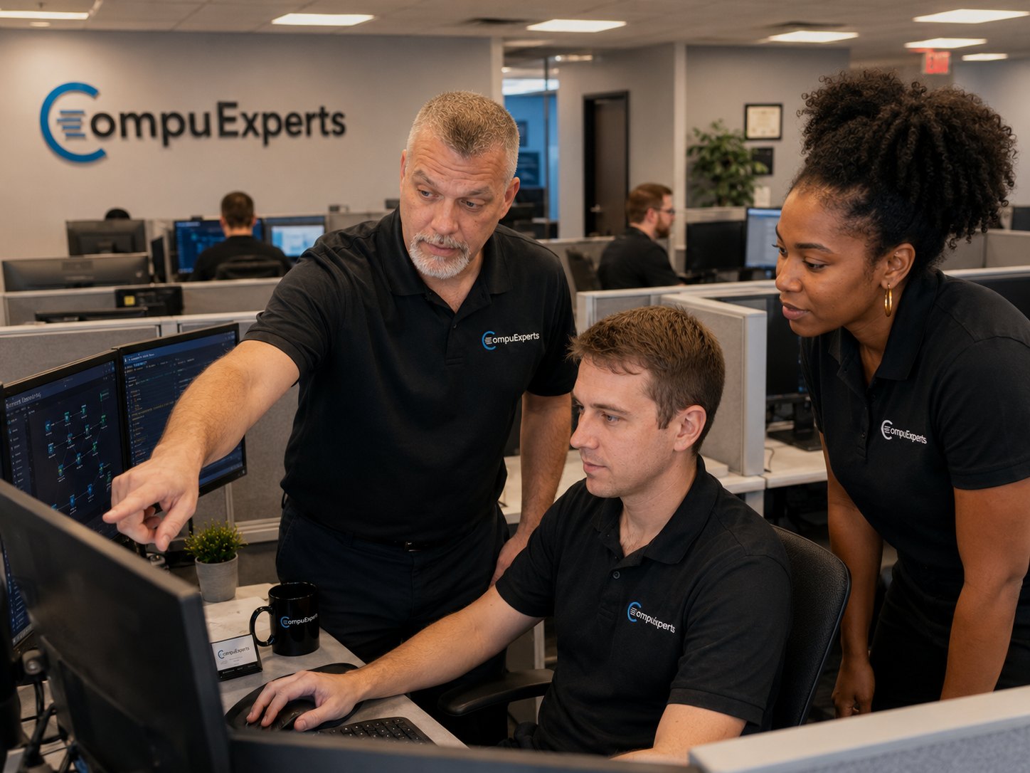 Illustrative branded scene showing a coordinated managed IT service desk