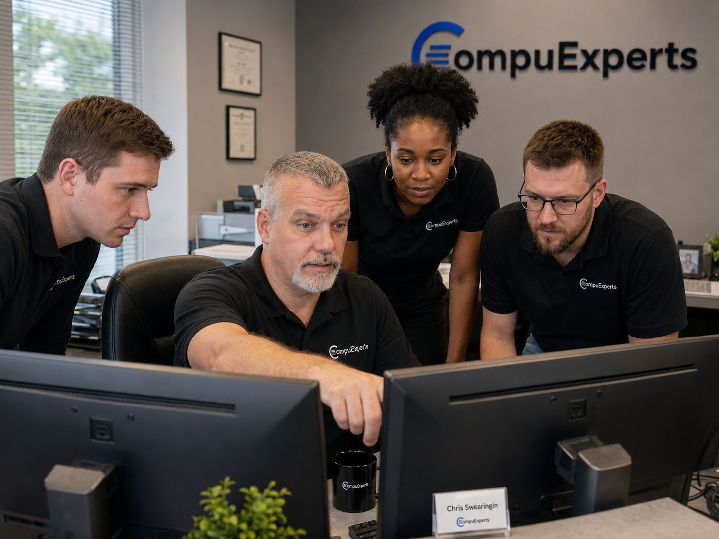 Illustrative branded technology team collaborating around network operations displays