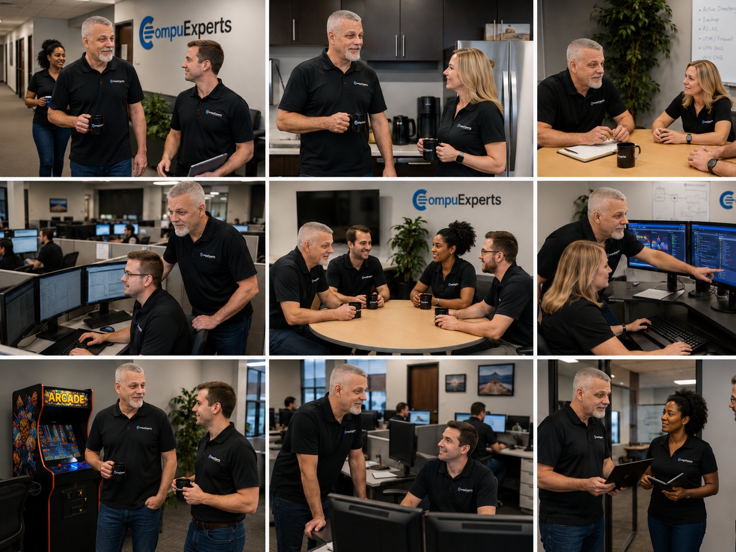 Illustrative collage of CompuExperts technology professionals collaborating, reviewing systems and discussing client needs