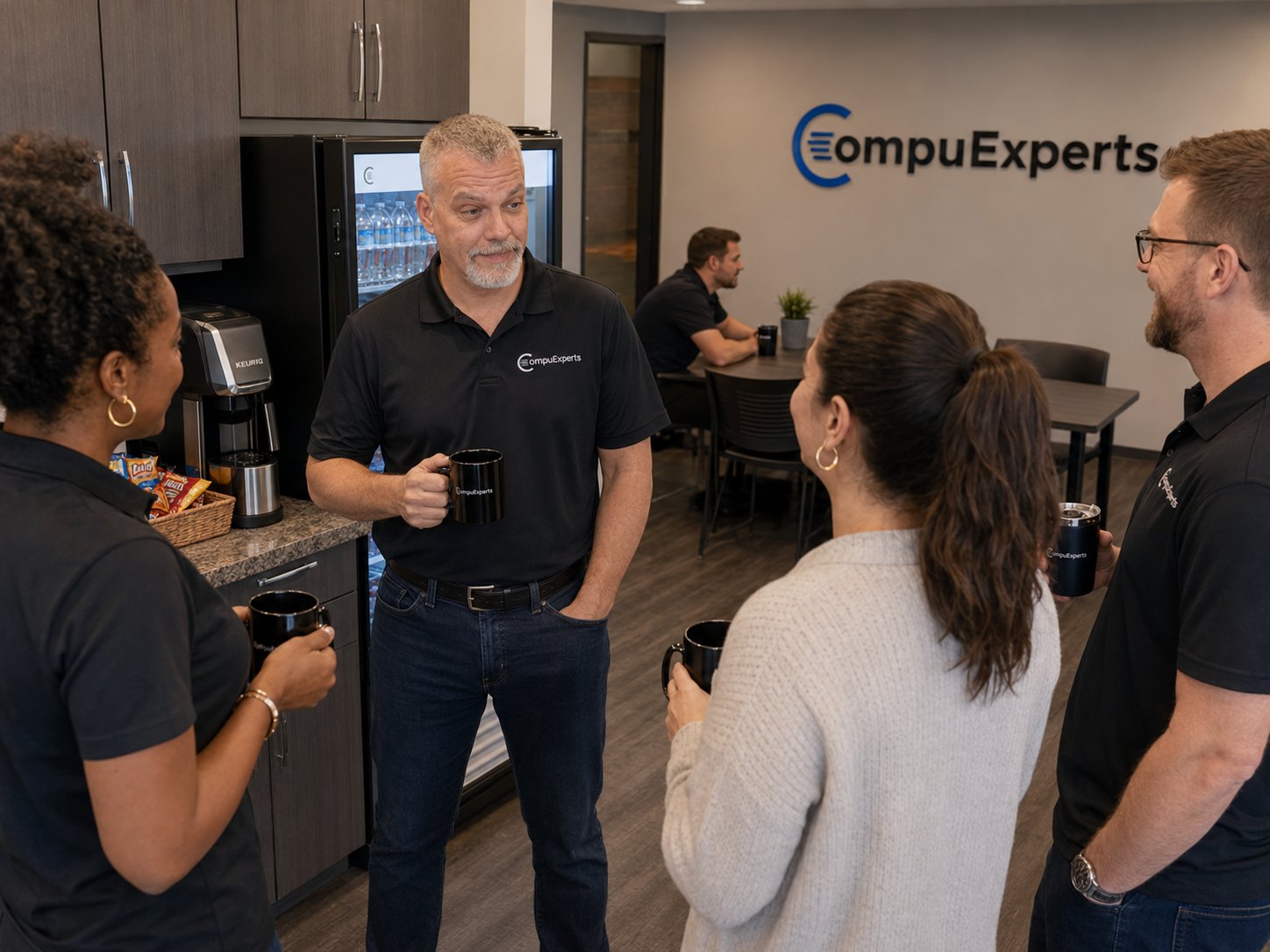 Illustrative branded scene showing technology professionals in a direct team conversation