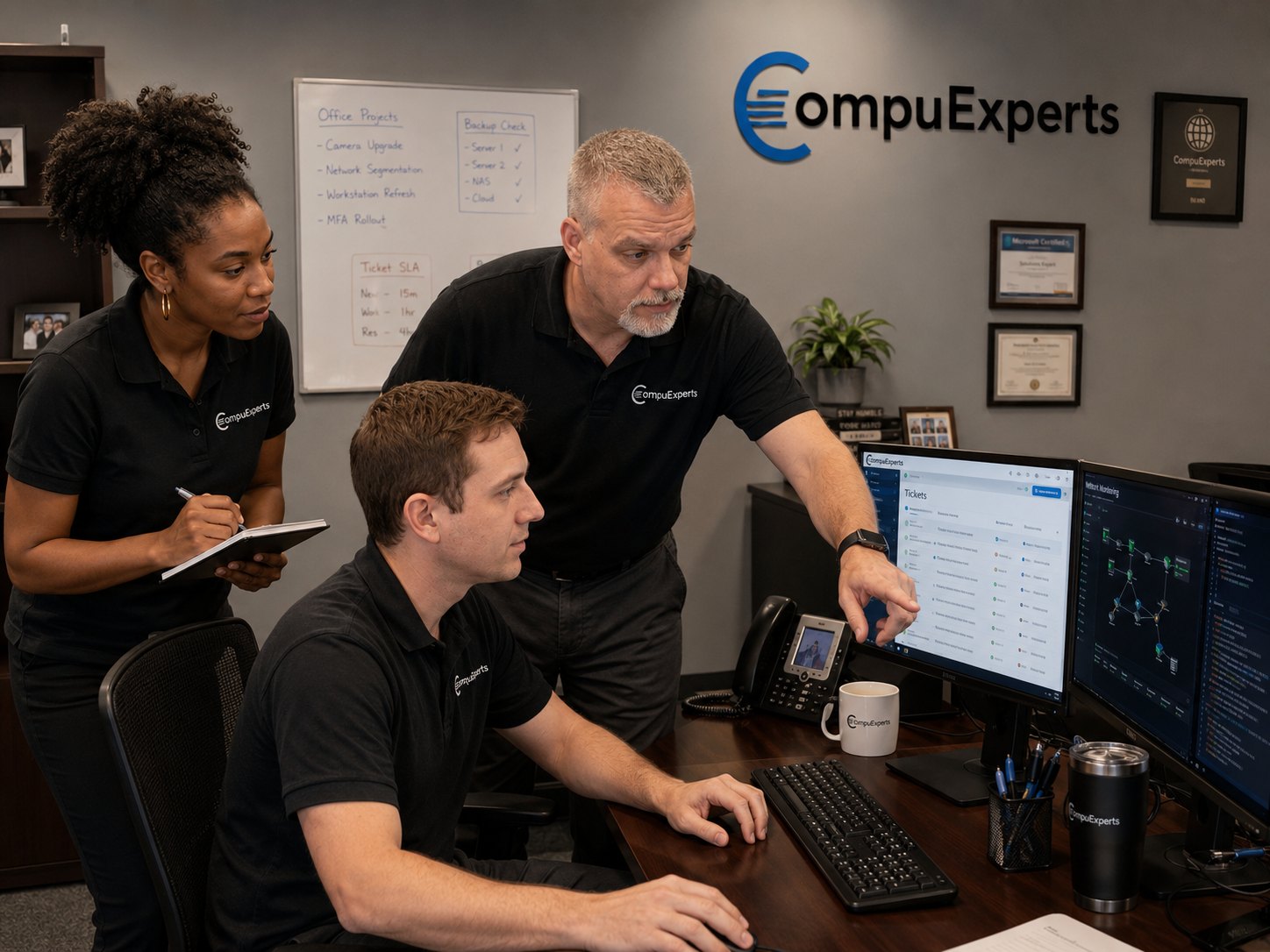 Illustrative branded IT team reviewing support tickets and network information